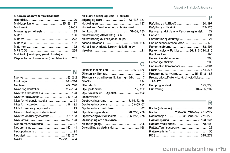 PEUGEOT EXPERT 2022  Instruksjoner for bruk (in Norwegian) 289
Alfabetisk innholdsfortegnelse
Minimum ladenivå for trekkbatteriet  
(elektrisk)    
20
Mobilapplikasjon
    
25, 83, 187
Moduwork
    
51–53
Montering av takbøyler
    
189
Motor
    
196
Mot