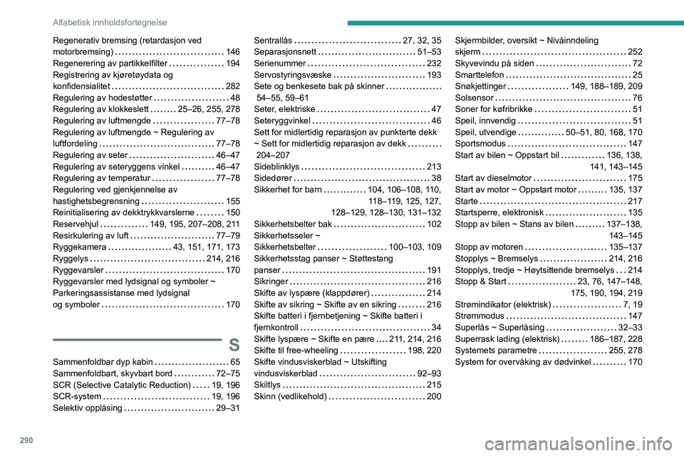 PEUGEOT EXPERT 2022 Instruksjoner for bruk (in Norwegian) 290
Alfabetisk innholdsfortegnelse
Regenerativ bremsing (retardasjon ved
motorbremsing)
146
Regenerering av partikkelfilter
194
Registrering av kjøretøydata og
konfidensialitet
282
PEUGEOT EXPERT 2022 Instruksjoner for bruk (in Norwegian) 290
Alfabetisk innholdsfortegnelse
Regenerativ bremsing (retardasjon ved
motorbremsing)
146
Regenerering av partikkelfilter
194
Registrering av kjøretøydata og
konfidensialitet
282