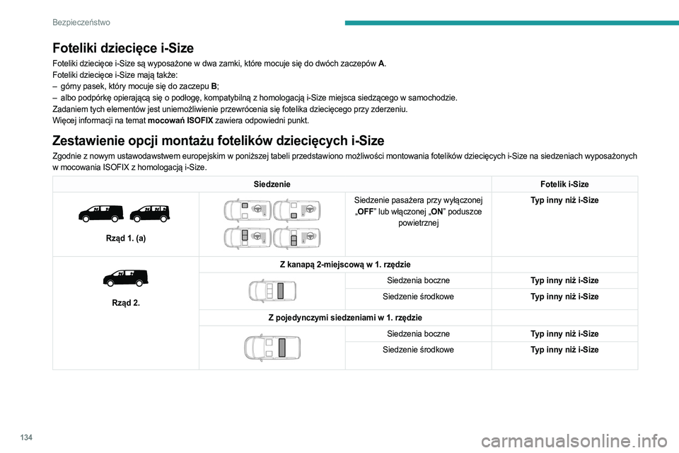 PEUGEOT EXPERT 2022 Instrukcja obsługi (in Polish) 134
Bezpieczeństwo
Foteliki dziecięce i-Size
Foteliki dziecięce i-Size są wyposażone w dwa zamki, które mocuje się do dwóch zaczepów A.
Foteliki dziecięce i-Size mają także:
–
górny p PEUGEOT EXPERT 2022 Instrukcja obsługi (in Polish) 134
Bezpieczeństwo
Foteliki dziecięce i-Size
Foteliki dziecięce i-Size są wyposażone w dwa zamki, które mocuje się do dwóch zaczepów A.
Foteliki dziecięce i-Size mają także:
–
górny p