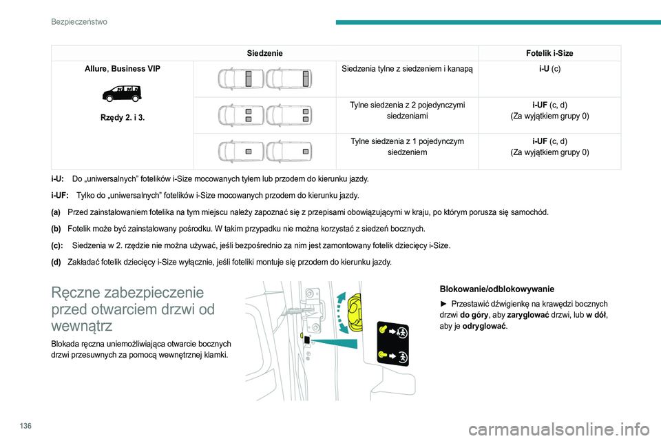 PEUGEOT EXPERT 2022 Instrukcja obsługi (in Polish) 136
Bezpieczeństwo
SiedzenieFotelik i-Size
Allure, Business VIP
Rzędy 2. i 3.
Siedzenia tylne z siedzeniem i kanapą i-U (c)
Tylne siedzenia z 2 pojedynczymi
siedzeniami i-UF (c, d)
(Za PEUGEOT EXPERT 2022 Instrukcja obsługi (in Polish) 136
Bezpieczeństwo
SiedzenieFotelik i-Size
Allure, Business VIP
Rzędy 2. i 3.
Siedzenia tylne z siedzeniem i kanapą i-U (c)
Tylne siedzenia z 2 pojedynczymi
siedzeniami i-UF (c, d)
(Za