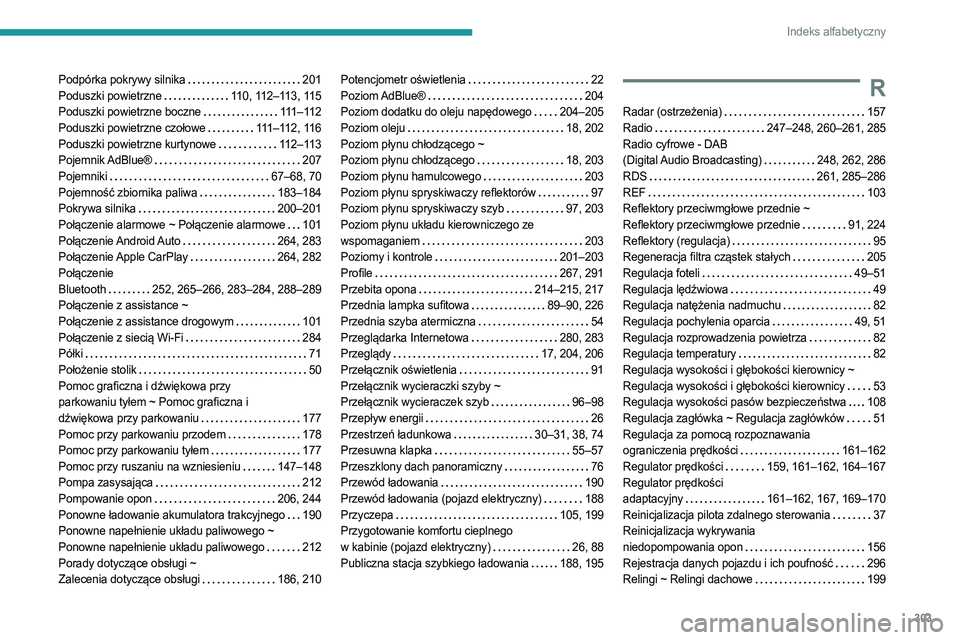 PEUGEOT EXPERT 2022 Instrukcja obsługi (in Polish) 303
Indeks alfabetyczny
Podpórka pokrywy silnika 201
Poduszki powietrzne
110, 112–113, 115
Poduszki powietrzne boczne
111–112
Poduszki powietrzne czołowe
111–112, 116
Poduszki p PEUGEOT EXPERT 2022 Instrukcja obsługi (in Polish) 303
Indeks alfabetyczny
Podpórka pokrywy silnika 201
Poduszki powietrzne
110, 112–113, 115
Poduszki powietrzne boczne
111–112
Poduszki powietrzne czołowe
111–112, 116
Poduszki p