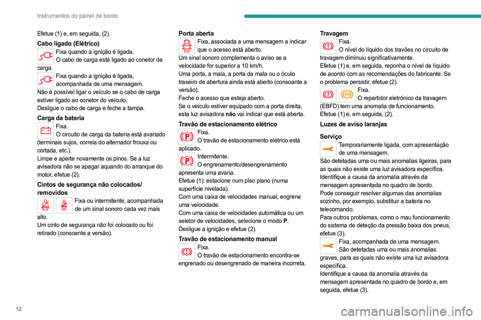 PEUGEOT EXPERT 2022 Manual de utilização (in Portuguese) 12
Instrumentos do painel de bordo
Efetue (1) e, em seguida, (2).
Cabo ligado (Elétrico)Fixa quando a ignição é ligada.O cabo de carga está ligado ao conetor de
carga.
Fixa quando a ignição é PEUGEOT EXPERT 2022 Manual de utilização (in Portuguese) 12
Instrumentos do painel de bordo
Efetue (1) e, em seguida, (2).
Cabo ligado (Elétrico)Fixa quando a ignição é ligada.O cabo de carga está ligado ao conetor de
carga.
Fixa quando a ignição é