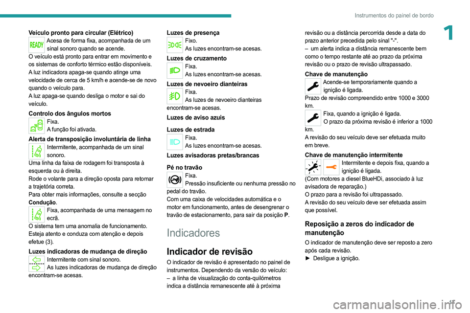 PEUGEOT EXPERT 2022 Manual de utilização (in Portuguese) 17
Instrumentos do painel de bordo
1Veículo pronto para circular (Elétrico)Acesa de forma fixa, acompanhada de um sinal sonoro quando se acende.
O veículo está pronto para entrar em movimento e
o PEUGEOT EXPERT 2022 Manual de utilização (in Portuguese) 17
Instrumentos do painel de bordo
1Veículo pronto para circular (Elétrico)Acesa de forma fixa, acompanhada de um sinal sonoro quando se acende.
O veículo está pronto para entrar em movimento e
o