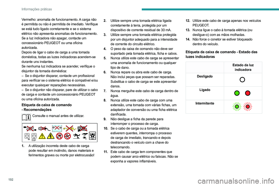 PEUGEOT EXPERT 2022 Manual de utilização (in Portuguese) 192
Informações práticas
Vermelho: anomalia de funcionamento. A carga não
é permitida ou não é permitida de imediato. Verifique
se está tudo ligado corretamente e se o sistema
elétrico nã PEUGEOT EXPERT 2022 Manual de utilização (in Portuguese) 192
Informações práticas
Vermelho: anomalia de funcionamento. A carga não
é permitida ou não é permitida de imediato. Verifique
se está tudo ligado corretamente e se o sistema
elétrico nã