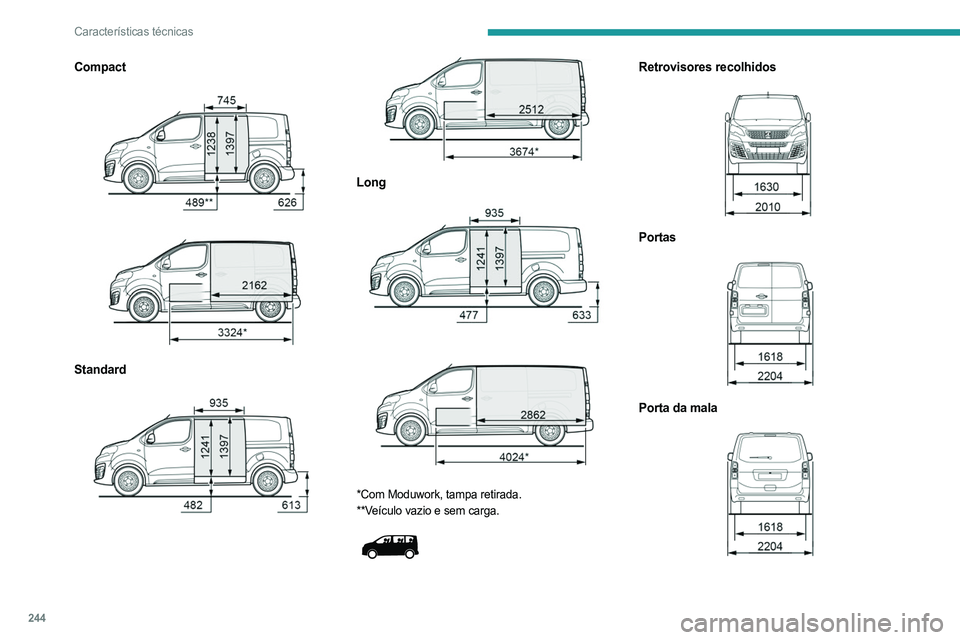 PEUGEOT EXPERT 2022  Manual de utilização (in Portuguese) 244
Características técnicas
Compact 
 
 
 
Standard  
 
 
 
Long 
 
 
 
*Com Moduwork, tampa retirada.
**Veículo vazio e sem carga.
 
 
Retrovisores recolhidos 
 
Portas 
 
Porta da mala 
     
