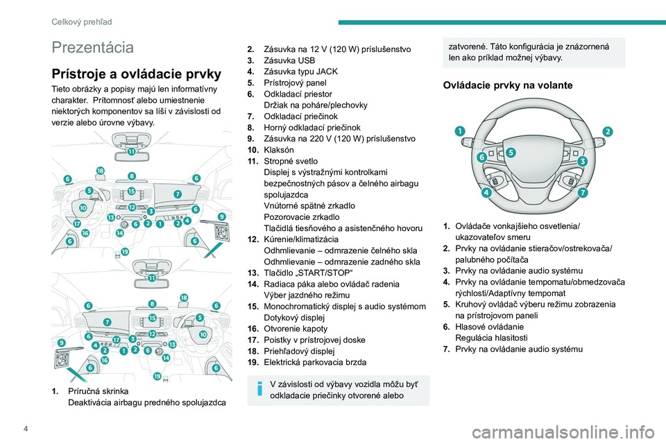 PEUGEOT EXPERT 2022  Návod na použitie (in Slovakian) 4
Celkový prehľad
Prezentácia
Prístroje a ovládacie prvky
Tieto obrázky a popisy majú len informatívny 
charakter.   Prítomnosť alebo umiestnenie 
niektorých komponentov sa líši v závisl