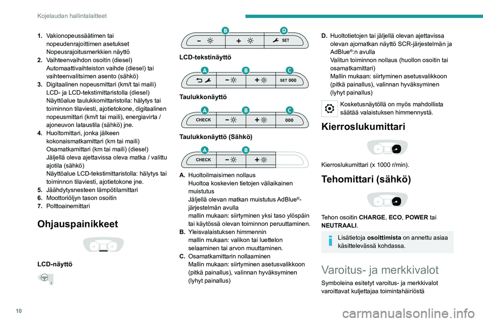 PEUGEOT EXPERT 2022 Omistajan Käsikirja (in Finnish) 10
Kojelaudan hallintalaitteet
1.Vakionopeussäätimen tai
nopeudenrajoittimen asetukset
Nopeusrajoitusmerkkien näyttö
2. Vaihteenvaihdon osoitin (diesel)
Automaattivaihteiston vaihde (diesel) tai PEUGEOT EXPERT 2022 Omistajan Käsikirja (in Finnish) 10
Kojelaudan hallintalaitteet
1.Vakionopeussäätimen tai
nopeudenrajoittimen asetukset
Nopeusrajoitusmerkkien näyttö
2. Vaihteenvaihdon osoitin (diesel)
Automaattivaihteiston vaihde (diesel) tai