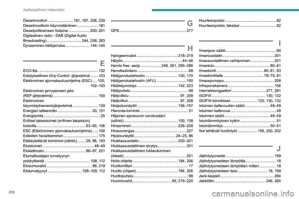 PEUGEOT EXPERT 2022  Omistajan Käsikirja (in Finnish) 298
Aakkosellinen hakemisto
Dieselmoottori     181, 197, 208, 230
Dieselmoottorin käynnistäminen     
181
Dieselpolttoaineen lisäaine
    
200–201
Digitaalinen radio - DAB (Digital Audio 
Broadca