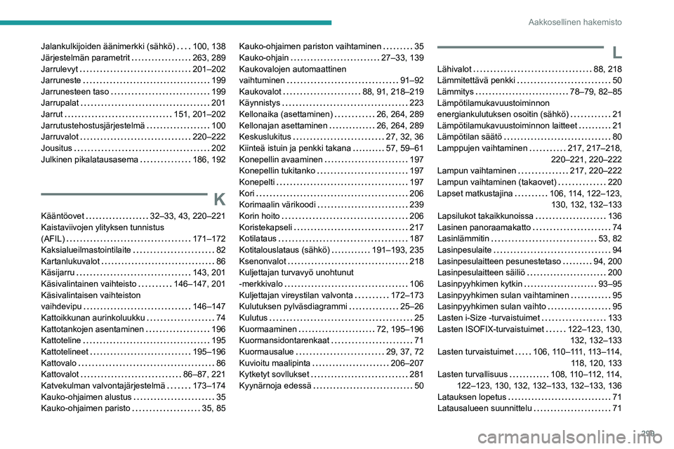 PEUGEOT EXPERT 2022  Omistajan Käsikirja (in Finnish) 299
Aakkosellinen hakemisto
Jalankulkijoiden äänimerkki (sähkö)     100, 138
Järjestelmän parametrit     
263, 289
Jarrulevyt
    
201–202
Jarruneste
    
199
Jarrunesteen taso
    
199
Jarrup