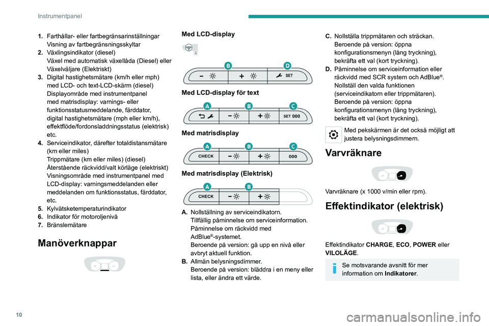 PEUGEOT EXPERT 2022  Bruksanvisningar (in Swedish) 10
Instrumentpanel
Kontrollampor och 
varningslampor
Kontrollamporna och varningslamporna visas 
som symboler och informerar föraren om 
förekomsten av ett fel (varningslampa) eller för 
driften av