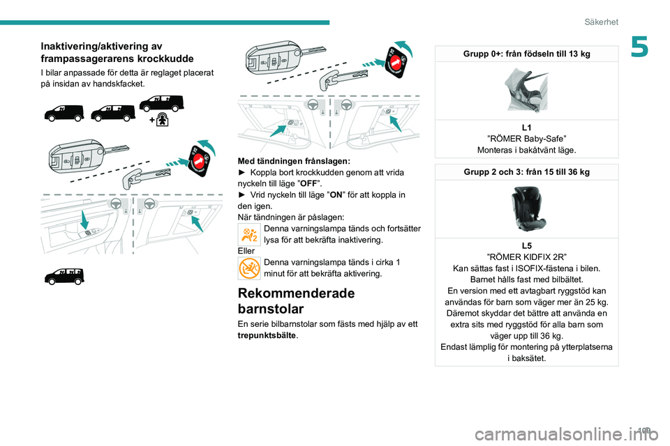 PEUGEOT EXPERT 2022 Bruksanvisningar (in Swedish) 109
Säkerhet
5Inaktivering/aktivering av
frampassagerarens krockkudde
I bilar anpassade för detta är reglaget placerat
på insidan av handskfacket.
Med tändningen frånslagen:
PEUGEOT EXPERT 2022 Bruksanvisningar (in Swedish) 109
Säkerhet
5Inaktivering/aktivering av
frampassagerarens krockkudde
I bilar anpassade för detta är reglaget placerat
på insidan av handskfacket.
Med tändningen frånslagen: