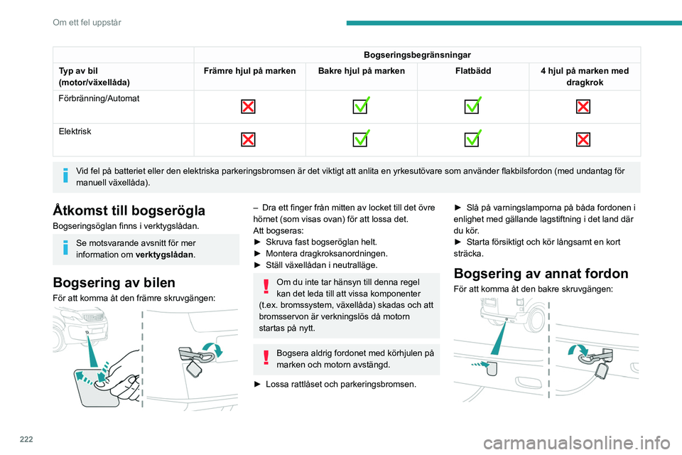 PEUGEOT EXPERT 2022  Bruksanvisningar (in Swedish) 222
Om ett fel uppstår
Bogseringsbegränsningar
Typ av bil
(motor/växellåda) Främre hjul på marken Bakre hjul på marken
Flatbädd4 hjul på marken med 
dragkrok
Förbränning/Automat
 
        
