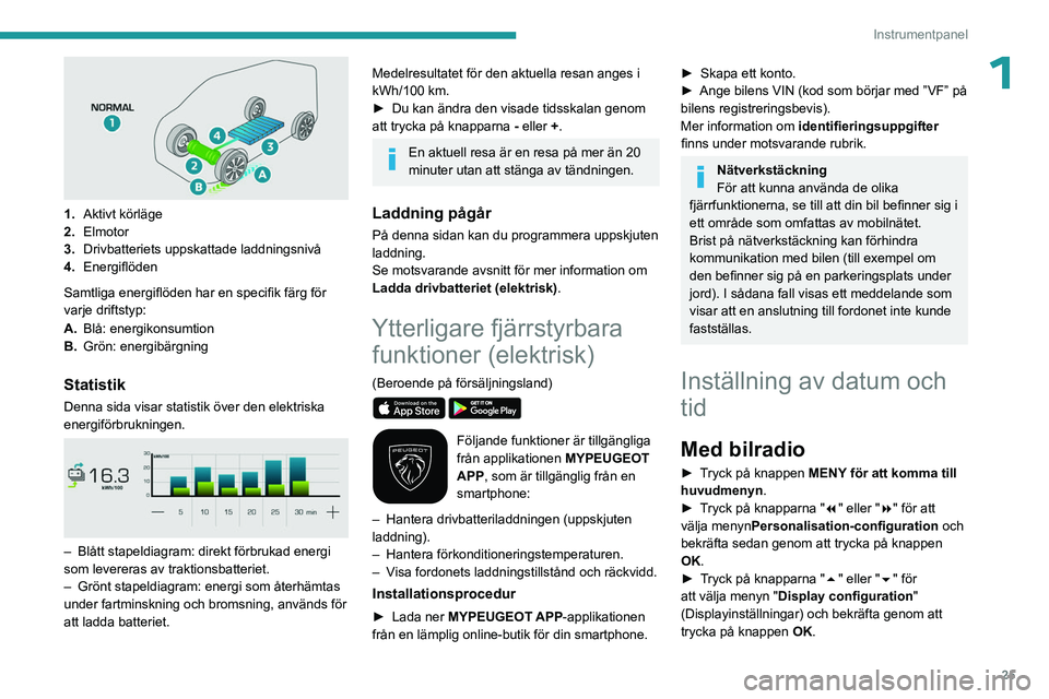PEUGEOT EXPERT 2022 Bruksanvisningar (in Swedish) 25
Instrumentpanel
1
1.Aktivt körläge
2. Elmotor
3. Drivbatteriets uppskattade laddningsnivå
4. Energiflöden
Samtliga energiflöden har en specifik färg för
varje driftstyp:
A. Blå: energiko PEUGEOT EXPERT 2022 Bruksanvisningar (in Swedish) 25
Instrumentpanel
1
1.Aktivt körläge
2. Elmotor
3. Drivbatteriets uppskattade laddningsnivå
4. Energiflöden
Samtliga energiflöden har en specifik färg för
varje driftstyp:
A. Blå: energiko