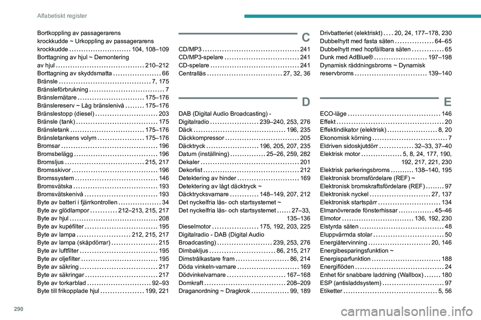 PEUGEOT EXPERT 2022 Bruksanvisningar (in Swedish) 290
Alfabetiskt register
Bortkoppling av passagerarens
krockkudde ~ Urkoppling av passagerarens
krockkudde
104, 108–109
Borttagning av hjul ~ Demontering
av hjul
210–212
Borttagning PEUGEOT EXPERT 2022 Bruksanvisningar (in Swedish) 290
Alfabetiskt register
Bortkoppling av passagerarens
krockkudde ~ Urkoppling av passagerarens
krockkudde
104, 108–109
Borttagning av hjul ~ Demontering
av hjul
210–212
Borttagning