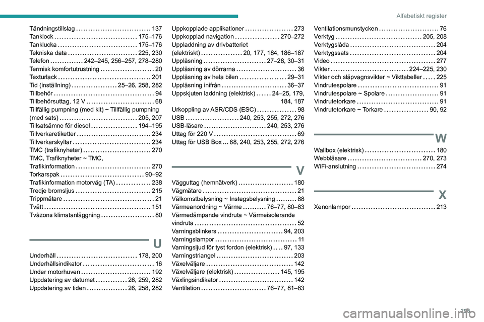PEUGEOT EXPERT 2022 Bruksanvisningar (in Swedish) 295
Alfabetiskt register
Tändningstillslag 137
Tanklock
175–176
Tanklucka
175–176
Tekniska data
225, 230
Telefon
242–245, 256–257, 278–280
Termisk komfortutrustning
PEUGEOT EXPERT 2022 Bruksanvisningar (in Swedish) 295
Alfabetiskt register
Tändningstillslag 137
Tanklock
175–176
Tanklucka
175–176
Tekniska data
225, 230
Telefon
242–245, 256–257, 278–280
Termisk komfortutrustning