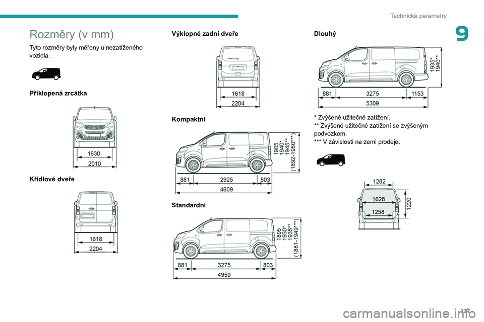 PEUGEOT EXPERT 2022  Návod na použití (in Czech) 237
Technické parametry
9Rozměry (v mm)
Tyto rozměry byly měřeny u nezatíženého 
vozidla.
 
 
Přiklopená zrcátka 
 
Křídlové dveře 
 
Výklopné zadní dveře 
 
Kompaktní 
 
Standardn