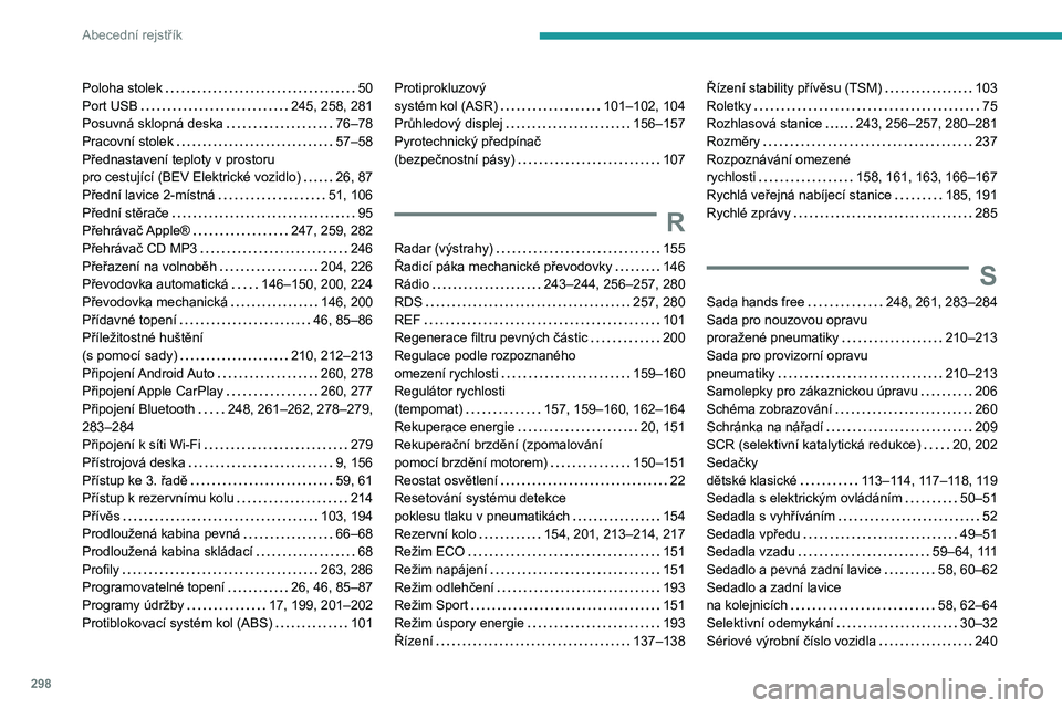 PEUGEOT EXPERT 2022 Návod na použití (in Czech) 298
Abecední rejstřík
Poloha stolek 50
Port USB
245, 258, 281
Posuvná sklopná deska
76–78
Pracovní stolek
57–58
Přednastavení teploty v prostoru
pro cestující (BEV PEUGEOT EXPERT 2022 Návod na použití (in Czech) 298
Abecední rejstřík
Poloha stolek 50
Port USB
245, 258, 281
Posuvná sklopná deska
76–78
Pracovní stolek
57–58
Přednastavení teploty v prostoru
pro cestující (BEV