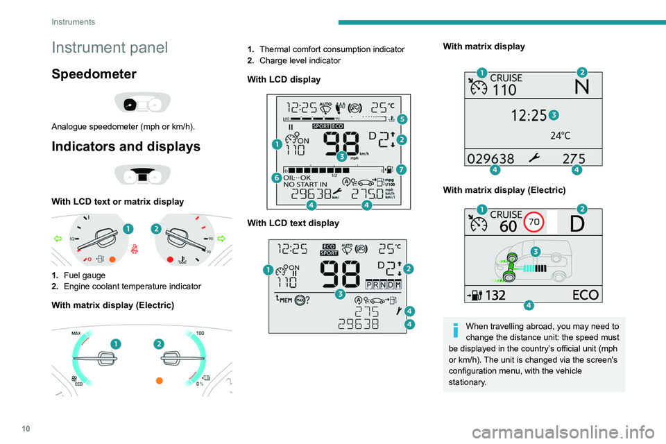 PEUGEOT EXPERT 2021 User Guide 10
Instruments
Instrument panel
Speedometer
Analogue speedometer (mph or km/h).
Indicators and displays
With LCD text or matrix display
1.Fuel gauge
2. Engine coolant temperature indicator
Wi PEUGEOT EXPERT 2021 User Guide 10
Instruments
Instrument panel
Speedometer
Analogue speedometer (mph or km/h).
Indicators and displays
With LCD text or matrix display
1.Fuel gauge
2. Engine coolant temperature indicator
Wi