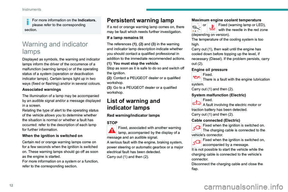 PEUGEOT EXPERT 2021  Owners Manual 12
Instruments
For more information on the Indicators, 
please refer to the corresponding 
section.
Warning and indicator 
lamps
Displayed as symbols, the warning and indicator 
lamps inform the drive