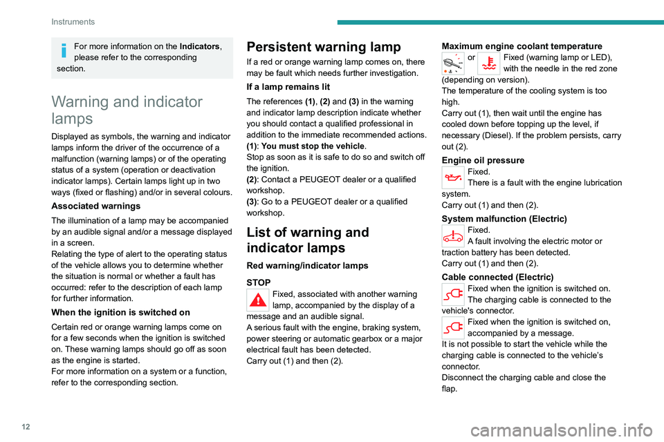 PEUGEOT EXPERT 2021 User Guide 12
Instruments
For more information on the Indicators,
please refer to the corresponding
section.
Warning and indicator
lamps
Displayed as symbols, the warning and indicator
lamps inform the drive PEUGEOT EXPERT 2021 User Guide 12
Instruments
For more information on the Indicators,
please refer to the corresponding
section.
Warning and indicator
lamps
Displayed as symbols, the warning and indicator
lamps inform the drive