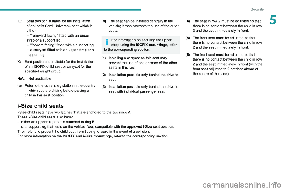 PEUGEOT EXPERT 2021  Owners Manual 131
Sécurité
5IL:Seat position suitable for the installation 
of an
  Isofix Semi-Universa L seat which is 
either:
–
 
"rearward facing" fitted with an upper 
strap or a support leg,
–
