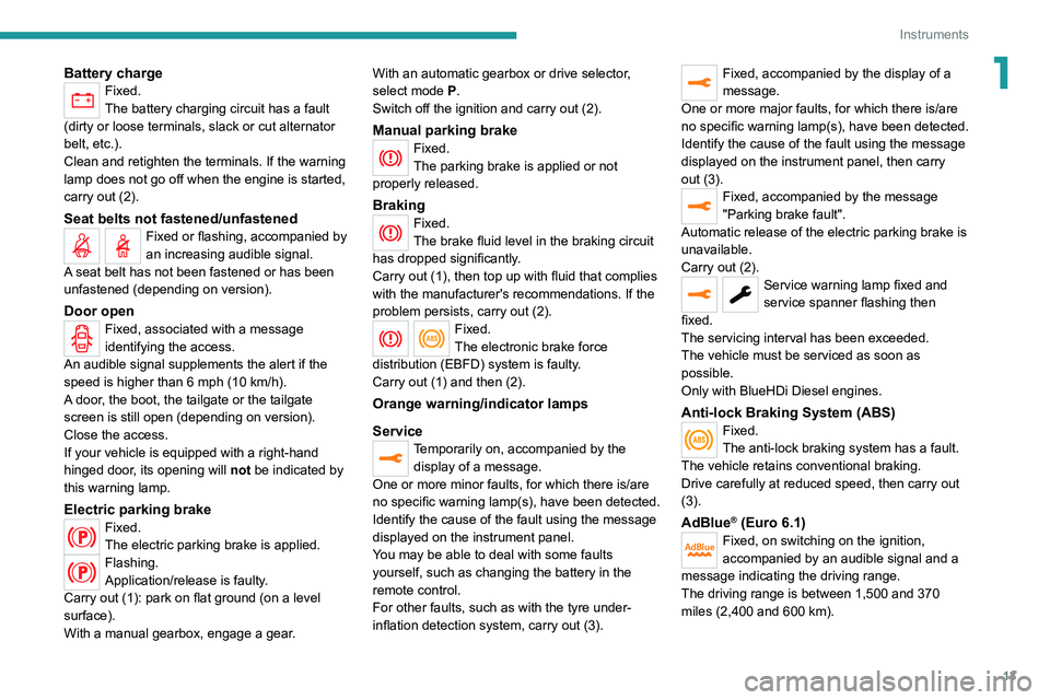 PEUGEOT EXPERT 2021  Owners Manual 13
Instruments
1Battery chargeFixed.
The battery charging circuit has a fault 
(dirty or loose terminals, slack or cut alternator 
belt, etc.).
Clean and retighten the terminals. If the warning 
lamp 