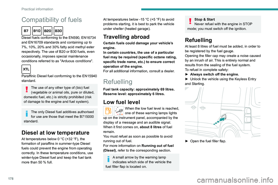 PEUGEOT EXPERT 2021  Owners Manual 178
Practical information
Compatibility of fuels  
Diesel fuels conforming to the EN590, EN16734 
and EN16709 standards and containing up to 
7%, 10%, 20% and 30% fatty acid methyl ester 
respectively
