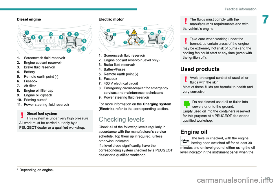 PEUGEOT EXPERT 2021  Owners Manual 193
Practical information
7Diesel engine 
 
1.Screenwash fluid reservoir
2. Engine coolant reservoir
3. Brake fluid reservoir
4. Battery
5. Remote earth point (-)
6. Fusebox
7. Air filter
8. Engine oi