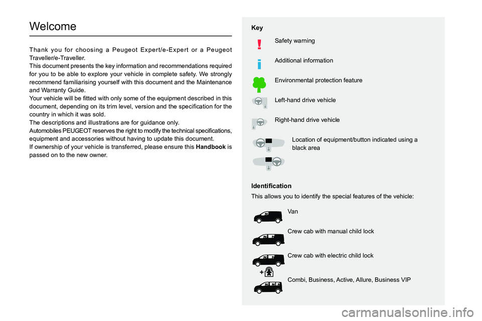 PEUGEOT EXPERT 2021  Owners Manual   
 
 
 
 
 
  
  
  
  
   
   
 
  
 
  
 
  
 
  
Welcome
Thank you for choosing a Peugeot Expert/e-Expert or a Peugeot 
Traveller/e-Traveller.
This document presents the key information and recomm