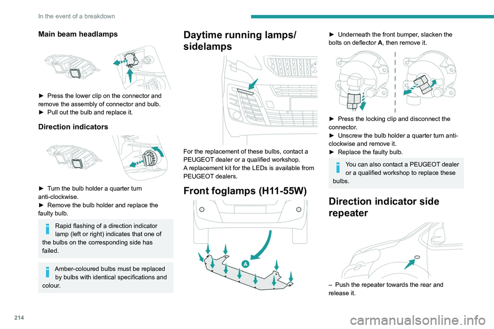 PEUGEOT EXPERT 2021  Owners Manual 214
In the event of a breakdown
– When refitting, engage the repeater towards 
the front and then bring it back towards the rear.
Amber-coloured bulbs (direction indicators and 
side repeaters) must