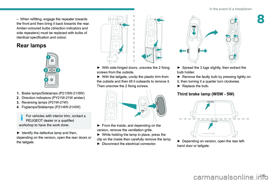 PEUGEOT EXPERT 2021  Owners Manual 215
In the event of a breakdown
8– When refitting, engage the repeater towards 
the front and then bring it back towards the rear .
Amber-coloured bulbs (direction indicators and 
side repeaters) mu