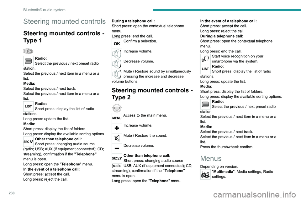 PEUGEOT EXPERT 2021  Owners Manual 238
Bluetooth® audio system
"Telephone": Call, Directory 
management, Telephone management, 
Hang up.
"Trip computer". 
"Maintenance": Diagnosis, Warning log, 
etc.
"Conne