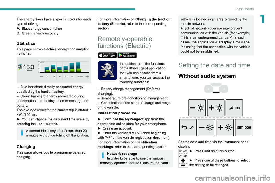 PEUGEOT EXPERT 2021  Owners Manual 27
Instruments
1The energy flows have a specific colour for each 
type of driving:
A.Blue: energy consumption
B. Green: energy recovery
Statistics
This page shows electrical energy consumption 
statis