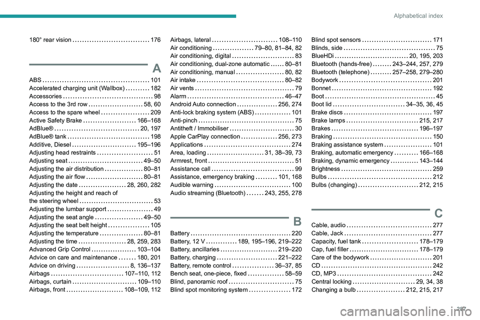 PEUGEOT EXPERT 2021  Owners Manual 287
Alphabetical index
180° rear vision     176
A
ABS    101
Accelerated charging unit (Wallbox)     
182
Accessories
    
98
Access to the 3rd row
   
58, 60
Access to the spare wheel
    
209
Activ