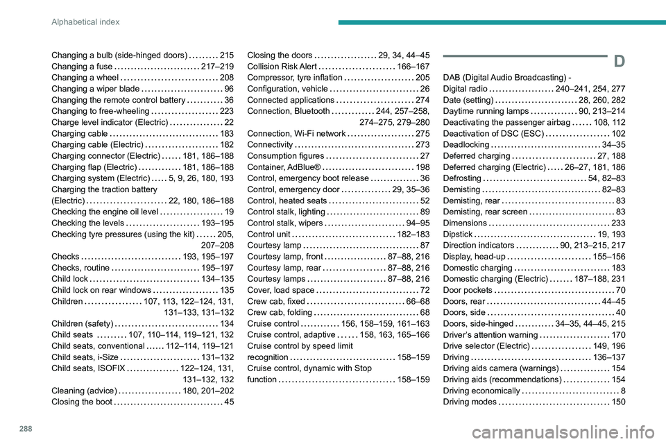 PEUGEOT EXPERT 2021  Owners Manual 288
Alphabetical index
Changing a bulb (side-hinged doors)     215
Changing a fuse     
217–219
Changing a wheel
    
208
Changing a wiper blade
    
96
Changing the remote control battery
    
36
C