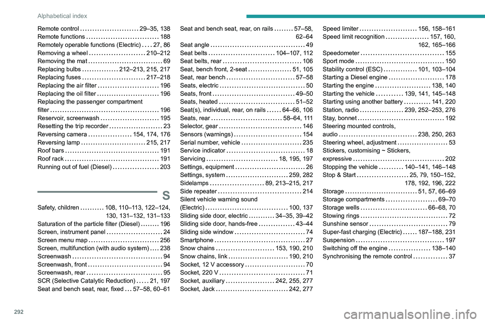 PEUGEOT EXPERT 2021 Owners Manual 292
Alphabetical index
Remote control 29–35, 138
Remote functions
188
Remotely operable functions (Electric)
27, 86
Removing a wheel
210–212
Removing the mat
69
Replacing b PEUGEOT EXPERT 2021 Owners Manual 292
Alphabetical index
Remote control 29–35, 138
Remote functions
188
Remotely operable functions (Electric)
27, 86
Removing a wheel
210–212
Removing the mat
69
Replacing b
