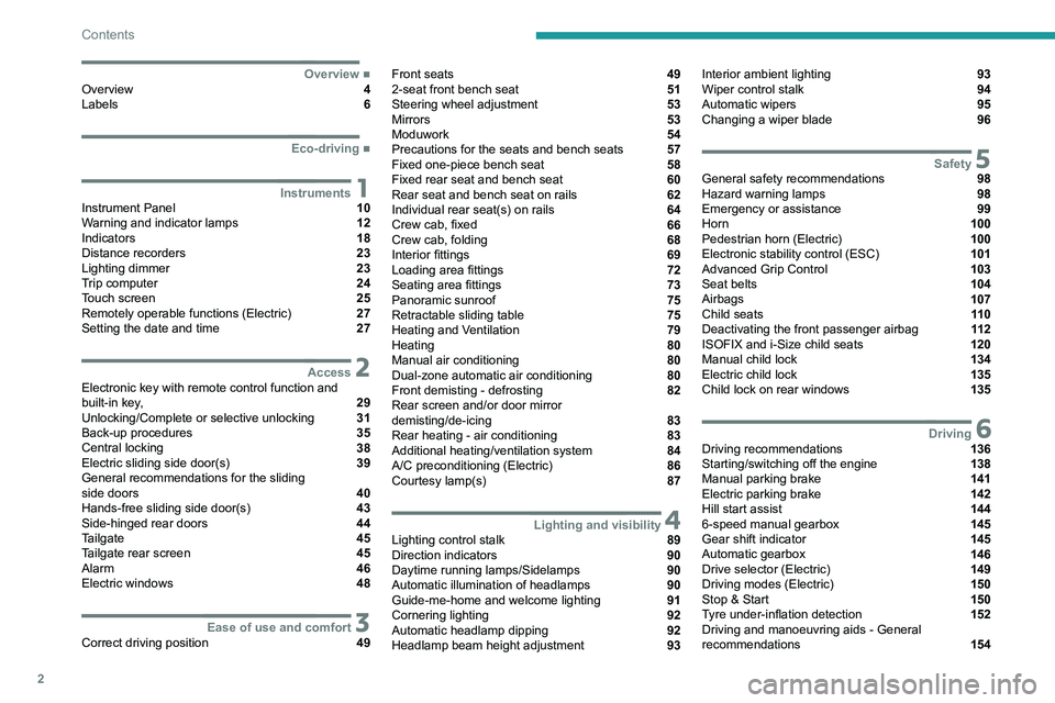 PEUGEOT EXPERT 2021  Owners Manual 2
Contents
 
 
 
 
 
 
 
   ■
OverviewOverview  4
Labels  6
  ■
Eco-driving
 1InstrumentsInstrument Panel  10
Warning and indicator lamps  12
Indicators  18
Distance recorders  23
Lighting dim