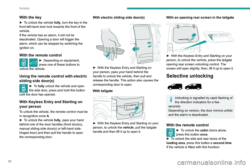 PEUGEOT EXPERT 2021  Owners Manual 32
Access
► Press this button to unlock the 
loading area only.
Using the remote control with electric 
sliding side door(s)
►  To unlock the loading area alone 
without opening the side door, pre