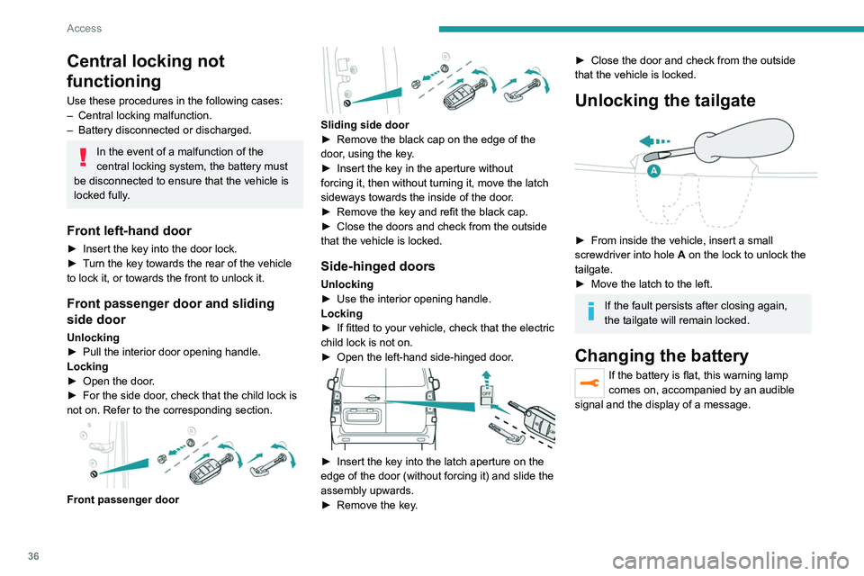 PEUGEOT EXPERT 2021  Owners Manual 36
Access
Central locking not 
functioning
Use these procedures in the following cases:
– Central locking malfunction.
–
 
Battery disconnected or discharged.
In the event of a malfunction of the 