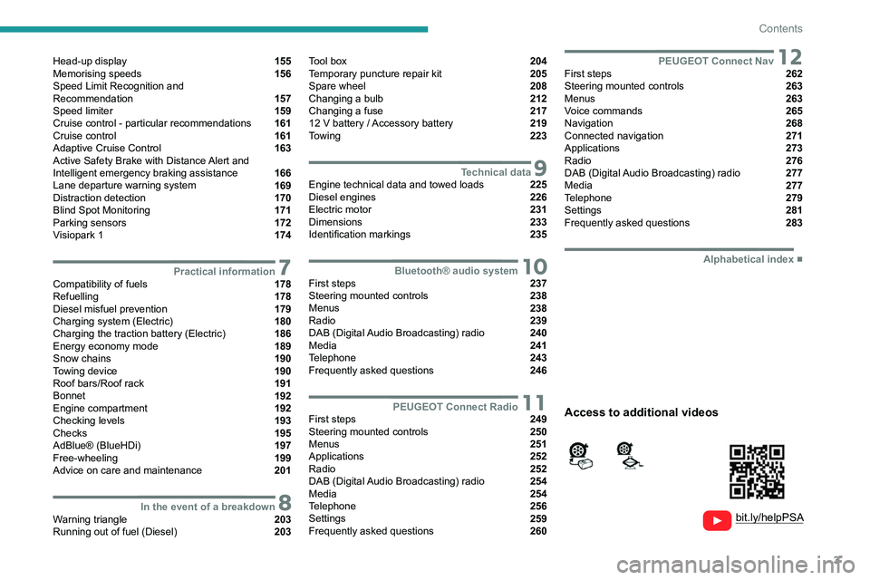 PEUGEOT EXPERT 2021  Owners Manual 3
Contents
  
  
 
 
 
 
Head-up display  155
Memorising speeds  156
Speed Limit Recognition and  
Recommendation 
 157
Speed limiter  159
Cruise control - particular recommendations  161
Cruise contr