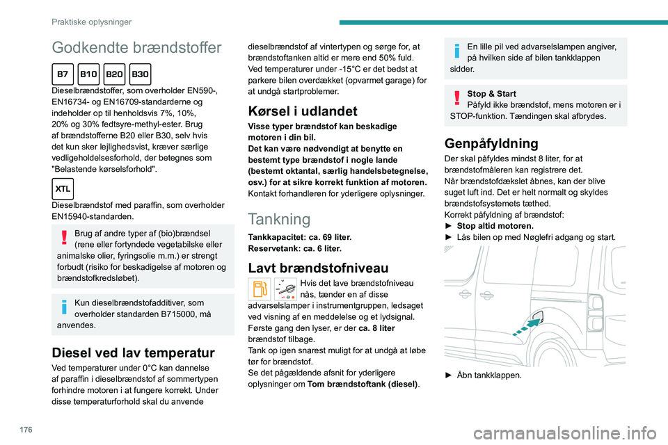 PEUGEOT EXPERT 2021 Brugsanvisning (in Danish) 176
Praktiske oplysninger
Godkendte brændstoffer
Dieselbrændstoffer, som overholder EN590-,
EN16734- og EN16709-standarderne og
indeholder op til henholdsvis 7%, 10%,
20% og 30% fedtsyre-methyl PEUGEOT EXPERT 2021 Brugsanvisning (in Danish) 176
Praktiske oplysninger
Godkendte brændstoffer
Dieselbrændstoffer, som overholder EN590-,
EN16734- og EN16709-standarderne og
indeholder op til henholdsvis 7%, 10%,
20% og 30% fedtsyre-methyl