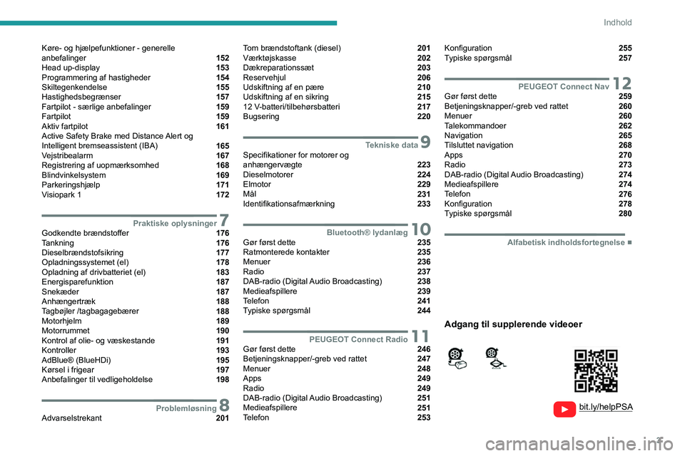 PEUGEOT EXPERT 2021 Brugsanvisning (in Danish) 3
Indhold
Køre- og hjælpefunktioner - generelle
anbefalinger 152
Head up-display 153
Programmering af hastigheder 154
Skiltegenkendelse 155
Hastighedsbegrænser 157
Fartpilot - PEUGEOT EXPERT 2021 Brugsanvisning (in Danish) 3
Indhold
Køre- og hjælpefunktioner - generelle
anbefalinger 152
Head up-display 153
Programmering af hastigheder 154
Skiltegenkendelse 155
Hastighedsbegrænser 157
Fartpilot -