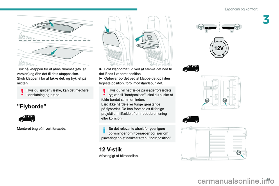 PEUGEOT EXPERT 2021  Brugsanvisning (in Danish) 69
Ergonomi og komfort
3
 
Tryk på knappen for at åbne rummet (afh. af 
version) og åbn det til dets stopposition.
Skub klappen i for at lukke det, og tryk let på 
midten.
Hvis du spilder væske, 