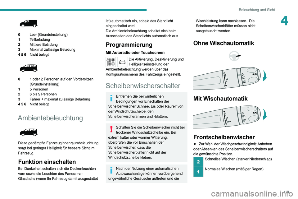 PEUGEOT EXPERT 2021  Betriebsanleitungen (in German) 101
Beleuchtung und Sicht
4
 
0Leer (Grundeinstellung)
1 Teilbeladung
2 Mittlere Beladung
3 Maximal zulässige Beladung
4 5 6 Nicht belegt
 
 
01 oder 2 Personen auf den Vordersitzen 
(Grundeinstellun