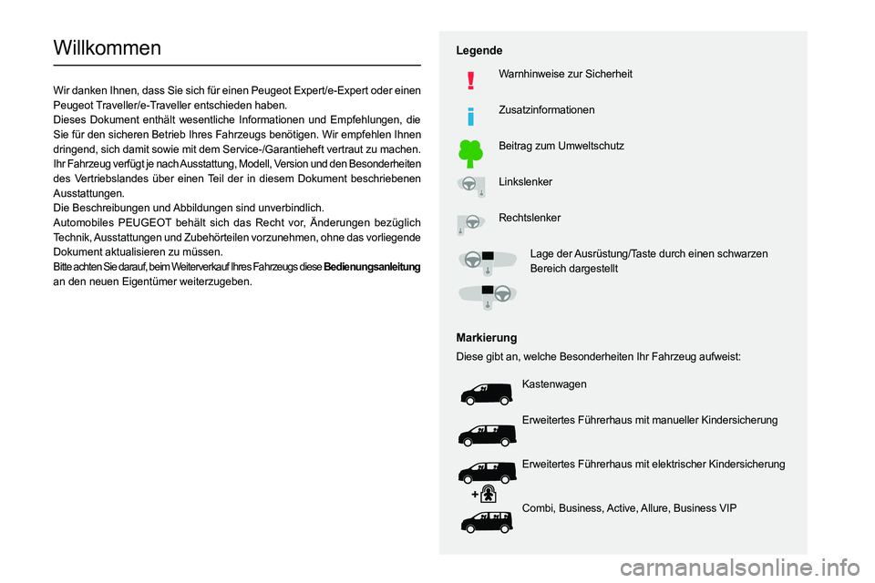 PEUGEOT EXPERT 2021 Betriebsanleitungen (in German)
Willkommen
Wir danken Ihnen, dass Sie sich für einen Peugeot Expert/e-Expert oder einen
Peugeot Traveller/e-Traveller entschieden haben.
Dieses D PEUGEOT EXPERT 2021 Betriebsanleitungen (in German)
Willkommen
Wir danken Ihnen, dass Sie sich für einen Peugeot Expert/e-Expert oder einen
Peugeot Traveller/e-Traveller entschieden haben.
Dieses D