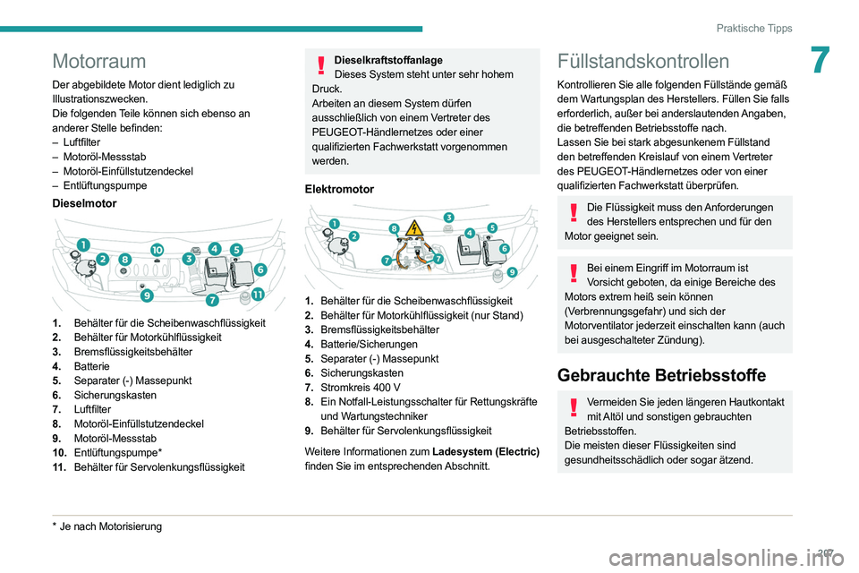 PEUGEOT EXPERT 2021 Betriebsanleitungen (in German) 207
Praktische Tipps
7Motorraum
Der abgebildete Motor dient lediglich zu
Illustrationszwecken.
Die folgenden
Teile können sich ebenso an
anderer Stelle befinden:
–
Luftfilter
–
Motoröl-M PEUGEOT EXPERT 2021 Betriebsanleitungen (in German) 207
Praktische Tipps
7Motorraum
Der abgebildete Motor dient lediglich zu
Illustrationszwecken.
Die folgenden
Teile können sich ebenso an
anderer Stelle befinden:
–
Luftfilter
–
Motoröl-M