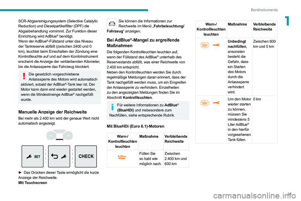 PEUGEOT EXPERT 2021 Betriebsanleitungen (in German) 21
Bordinstrumente
1SCR-Abgasreinigungssystem (Selective Catalytic
Reduction) und Dieselpartikelfilter (DPF) die
Abgasbehandlung vornimmt. Zur Funktion dieser
Einrichtung wird AdBlue
® benötigt. PEUGEOT EXPERT 2021 Betriebsanleitungen (in German) 21
Bordinstrumente
1SCR-Abgasreinigungssystem (Selective Catalytic
Reduction) und Dieselpartikelfilter (DPF) die
Abgasbehandlung vornimmt. Zur Funktion dieser
Einrichtung wird AdBlue
® benötigt.