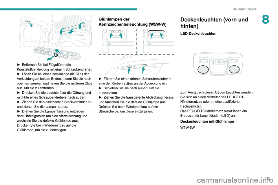 PEUGEOT EXPERT 2021 Betriebsanleitungen (in German) 233
Bei einer Panne
8
► Entfernen Sie bei Flügeltüren die
Kunststoffverkleidung mit einem Schraubendreher.
►
Lösen Sie bei einer Heckklappe die Clips der
Verkleidung an beiden Enden, in PEUGEOT EXPERT 2021 Betriebsanleitungen (in German) 233
Bei einer Panne
8
► Entfernen Sie bei Flügeltüren die
Kunststoffverkleidung mit einem Schraubendreher.
►
Lösen Sie bei einer Heckklappe die Clips der
Verkleidung an beiden Enden, in