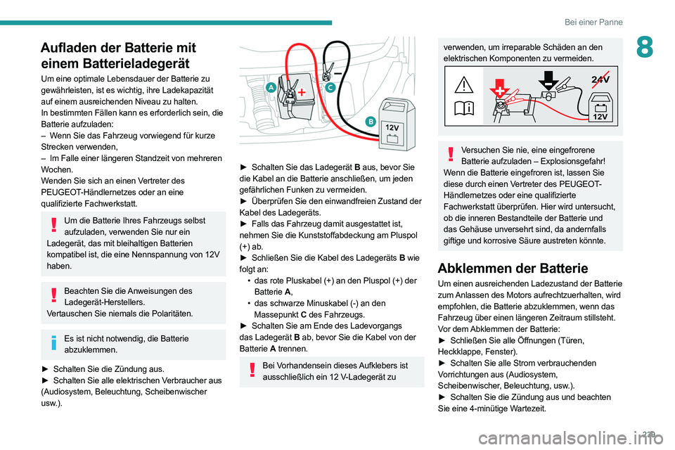PEUGEOT EXPERT 2021 Betriebsanleitungen (in German) 239
Bei einer Panne
8Aufladen der Batterie mit einem Batterieladegerät
Um eine optimale Lebensdauer der Batterie zu
gewährleisten, ist es wichtig, ihre Ladekapazität
auf einem ausreichenden Nivea PEUGEOT EXPERT 2021 Betriebsanleitungen (in German) 239
Bei einer Panne
8Aufladen der Batterie mit einem Batterieladegerät
Um eine optimale Lebensdauer der Batterie zu
gewährleisten, ist es wichtig, ihre Ladekapazität
auf einem ausreichenden Nivea