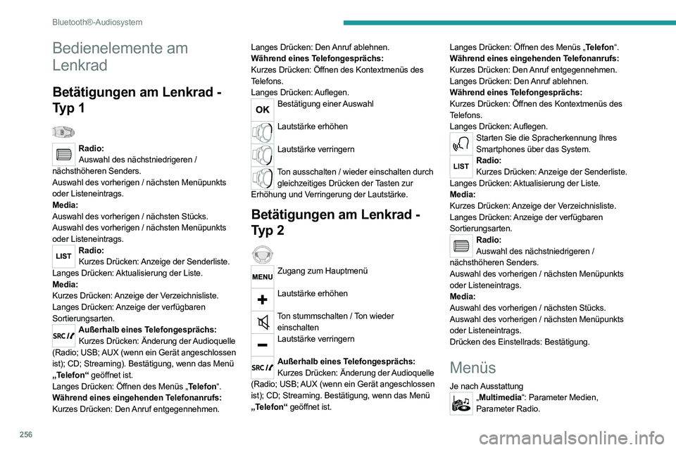 PEUGEOT EXPERT 2021 Betriebsanleitungen (in German) 256
Bluetooth®-Audiosystem
„Telefon“: Anrufen, Parametrierung des
Verzeichnisses, Parametrierung des
Telefons, Auflegen.
„ Bordcomputer“.
„Wartung“: Diagnose, Journal
Warnmeldungen u PEUGEOT EXPERT 2021 Betriebsanleitungen (in German) 256
Bluetooth®-Audiosystem
„Telefon“: Anrufen, Parametrierung des
Verzeichnisses, Parametrierung des
Telefons, Auflegen.
„ Bordcomputer“.
„Wartung“: Diagnose, Journal
Warnmeldungen u